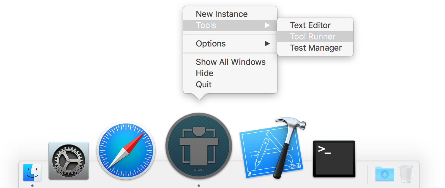Launching the ToolRunner from the MeVisLab context menu in the Dock