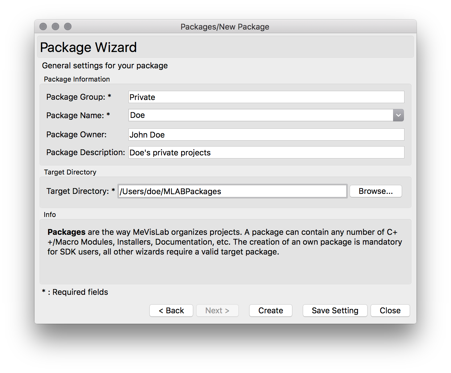 Setup of a new package using the package wizard