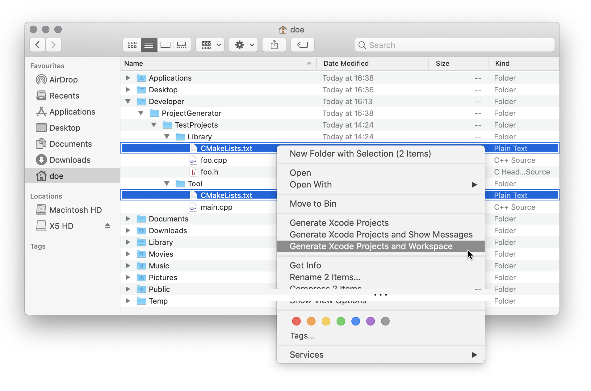 Generating Xcode projects from CMakeLists.txt files via Finder contextual menu