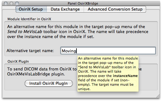 Setup of the name of the target pop-up menu item in OsiriX