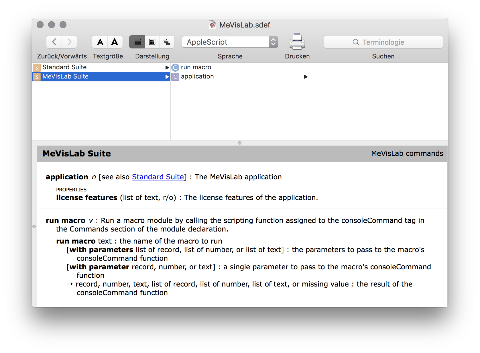 MeVisLab scripting dictionary displayed in Script Editor